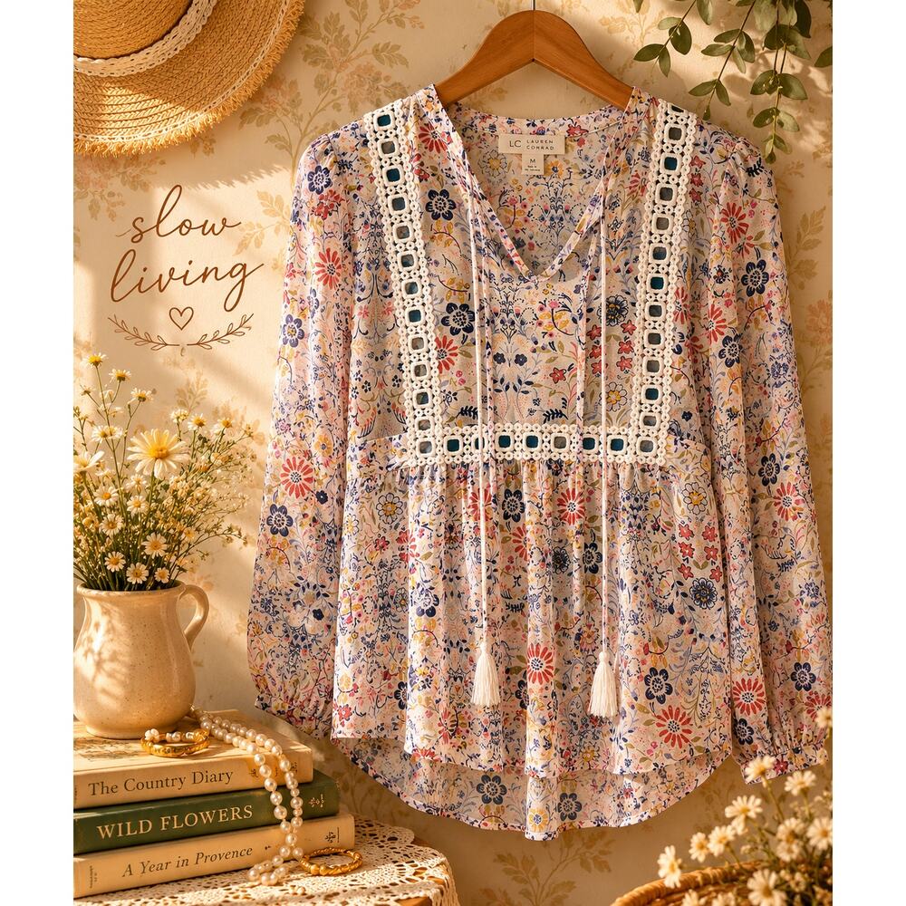 LC Lauren Conrad Floral Boho Peasant Blouse Crochet Lace Trim Medium